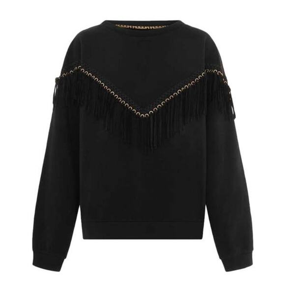 Hayley Menzies Ada Suede Fringe Cotton Blend Sweatshirt Size Large Solid Black - Picture 1 of 8